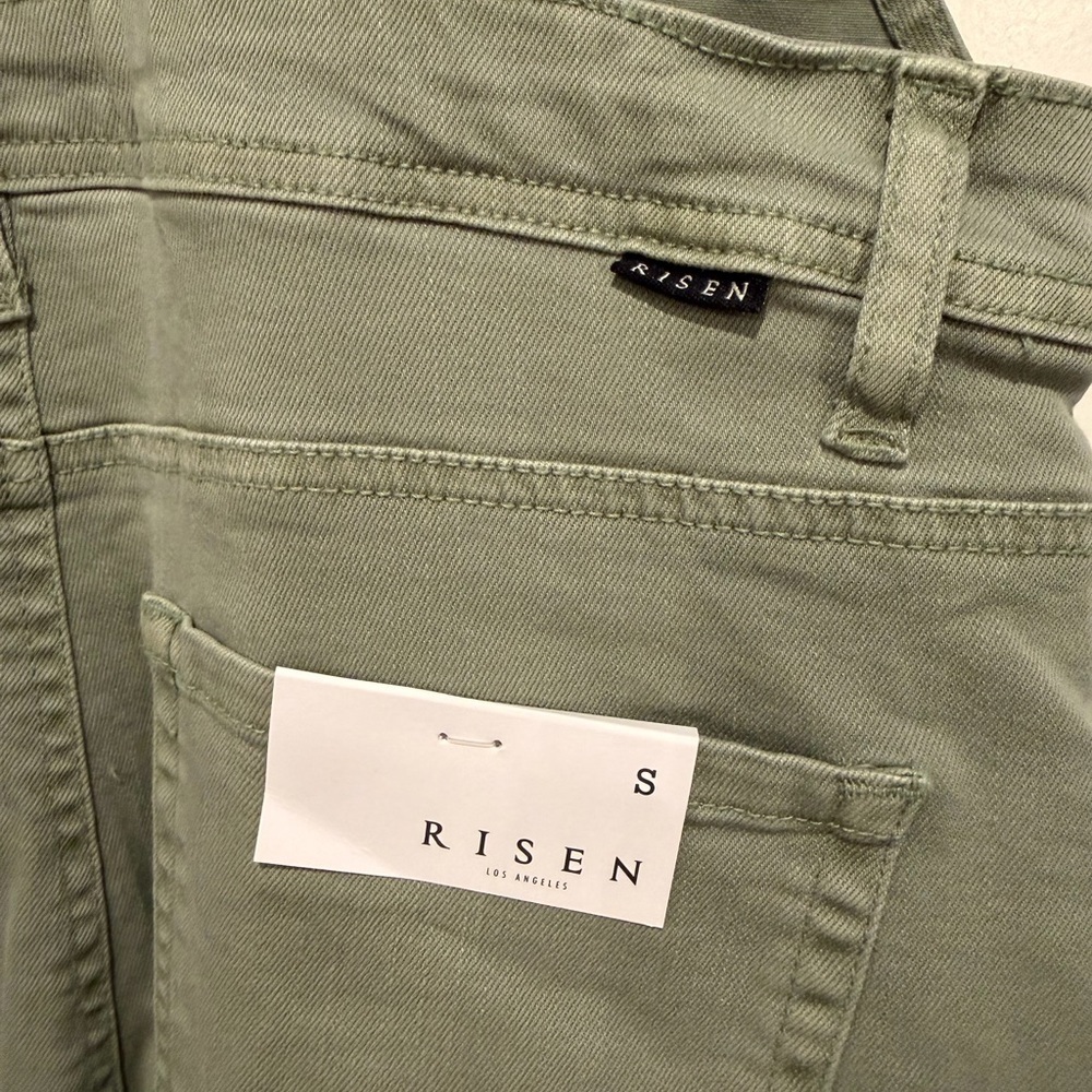 Risen Overalls Straight Leg Denim Olive Distressed Raw Hem - Picture 10 of 10